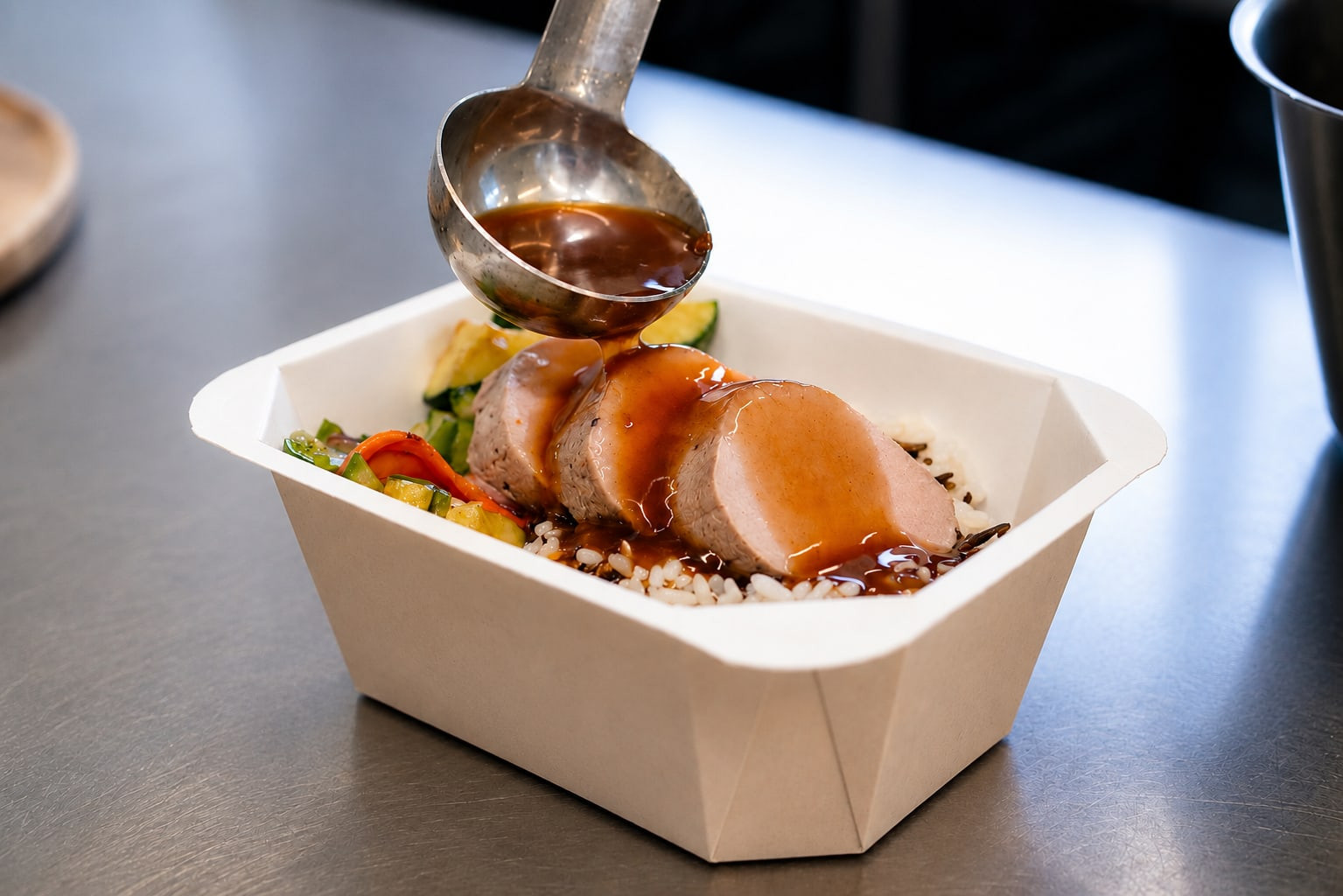 Un repas Bulk & Cut dressé dans sa barquette carton, sauce ajoutée à la louche à l'atelier