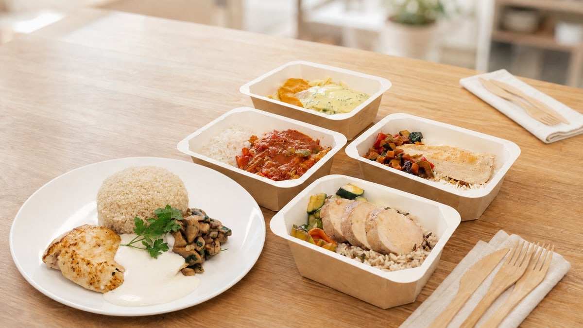 Quatre box Bulk & Cut posées sur une table en bois, à côté d’une assiette dressée et de couverts en bois